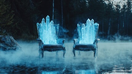 Poster - Two glowing crystal thrones in a misty forest lake.