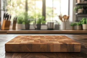 Sticker - Focused end grain wood countertop with a cutting board set against a blurred kitchen and morning light for visual presentation or design