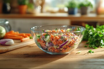 Canvas Print - Glass bowl of coleslaw on wooden table with chopped cabbage onion and carrot on cutting board behind