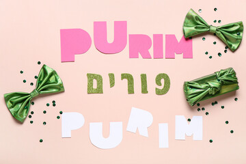 Wall Mural - Composition with text HAPPY PURIM, bows and gift box on color background