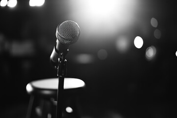 Wall Mural - High contrast image of a stand up comedy stage featuring a microphone and stool with reflectors