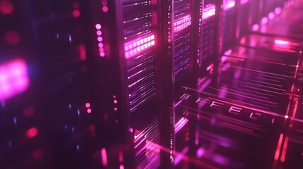 Poster - Dark Server Room with Soft Neon Lights and Monitoring Grid