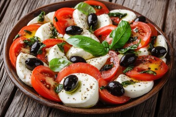 Wall Mural - Mediterranean salad with tomatoes mozzarella basil black olives and olive oil on a wooden table