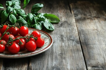 Wall Mural - Mozzarella tomatoes and basil salad on a plate set against a wooden table