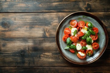 Wall Mural - Mozzarella tomatoes and basil salad on a wooden table