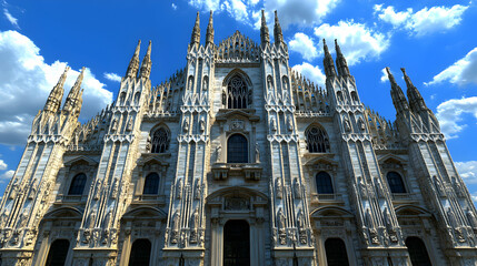 Majestic Milan Cathedral facade under a vibrant blue sky; intricate Gothic architecture details, stunning daytime view.