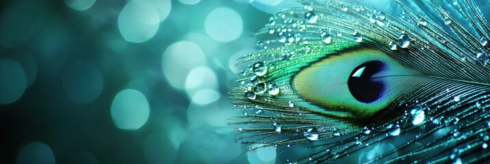Fototapete - Close up of a vibrant peacock feather adorned with dew drops showcasing stunning colors and textures for mock up purposes. Generative AI