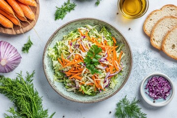 Sticker - Organic cabbage and carrot salad on a white table promoting a healthy vegan diet with rye bread