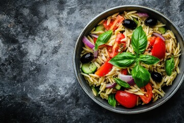 Canvas Print - Orzo salad with olives basil onion tomato and cucumber in a gray bowl Healthy summer pasta dish on a rustic table shot from above