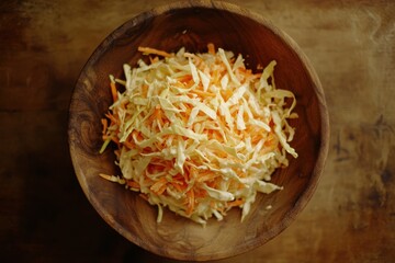 Poster - Overhead shot of coleslaw featuring fresh white cabbage grated carrot and homemade mayo dressing in a wooden bowl Selective Focus