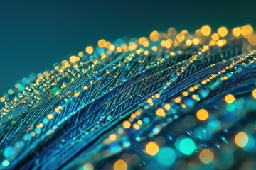 Poster - Close up of a vibrant peacock feather adorned with dew drops showcasing intricate details and potential for design space. Generative AI