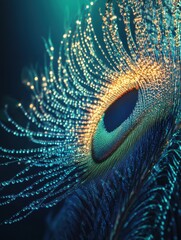 Poster - Close up of a vibrant peacock feather adorned with dew drops and unique textures for creative designs. Generative AI