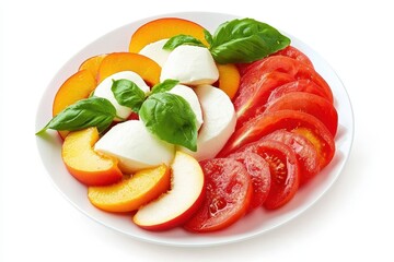 Wall Mural - Plate of Caprese salad with peaches tomatoes and mozzarella on white backdrop