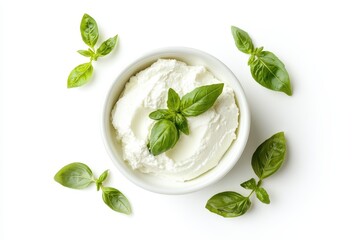 Poster - Ricotta and basil on a white background