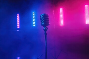 Wall Mural - Retro microphone illuminated on stage with blue and pink lights ideal for festivals jazz clubs or podcasts