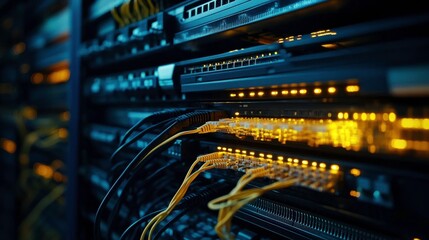 Poster - High-Tech Server Rack with Fiber Optic Cables Under Glow