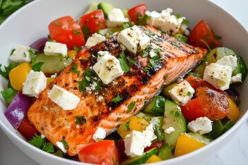 Wall Mural - Roasted salmon and feta vegetable salad Mediterranean cuisine overhead view barbecue dish