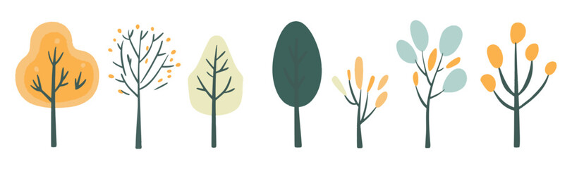 Set of tree and leaf collection hand drawn flat design vector element. botanical set of bare trees and ones with leaves and lush green