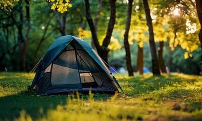 Wall Mural - camping tent in sunlit forest clearing at sunset