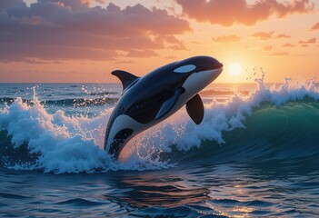 Wall Mural - orca whale leaps through ocean wave at sunset