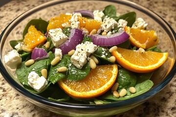 Wall Mural - Spinach salad topped with oranges feta red onion and pine nuts