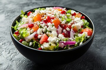 Sticker - Spring salad featuring arugula feta red onion and pomegranate in a black bowl on a chalkboard with space for text