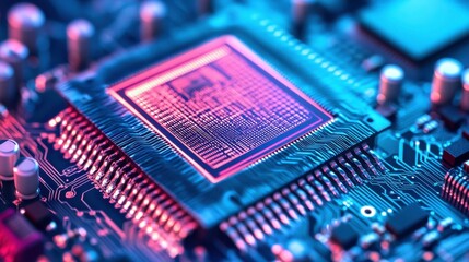 Leinwandbilder - Microchip Technology on Circuit Board with Colorful Lighting