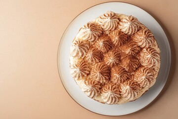 Wall Mural - Tiramisu cake served on a white plate with a beige backdrop Classic Italian no bake dessert featuring ladyfingers mascarpone espresso and cocoa