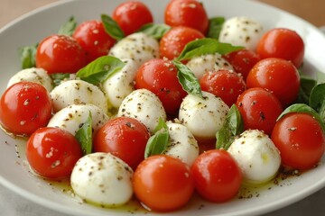 Wall Mural - Tomato and mozzarella salad with basil on a neutral backdrop Space for text