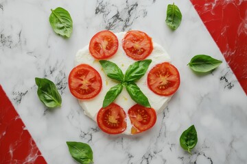 Wall Mural - Tomato mozzarella and basil salad resembling the Italian flag on a marble surface viewed from above