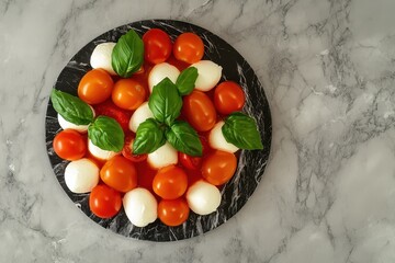 Wall Mural - Tomato mozzarella and basil salad with an Italian flag on a marble surface viewed from above