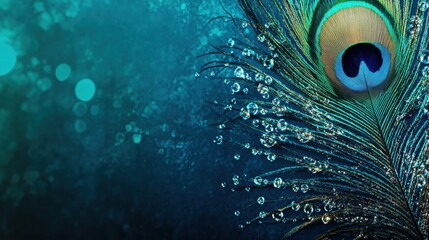 Poster - Close up view of a vibrant peacock feather adorned with dew drops on a blurred background. Generative AI