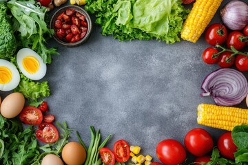 Wall Mural - Tuna salad with cherry tomatoes red onion eggs corn paprika lettuce radicchio and arugula on a gray table Top view banner