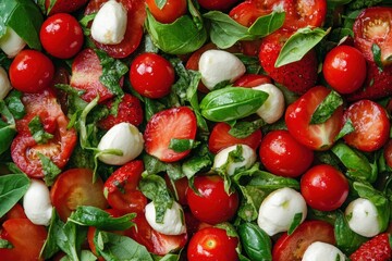 Wall Mural - Vibrant salad featuring strawberries cherry tomatoes mozzarella and basil Healthy dish Overhead perspective