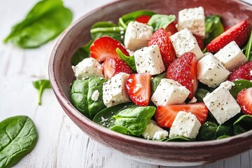 Sticker - Vibrant salad featuring strawberries spinach and feta on a light wooden surface with selective focus