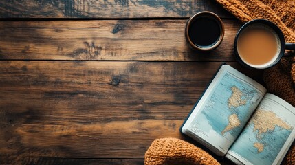 Aufkleber - Cozy travel flatlay with warm beverages and an open travel guide on a rustic wooden table showcasing adventure plans. Generative AI