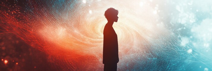 Aufkleber - Human silhouette surrounded by an abstract whirlwind representing feelings of loneliness and isolation in a vibrant environment. Generative AI