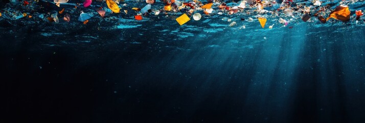 Aufkleber - Colorful plastic waste floats on deep blue ocean surface highlighting pollutions impact on marine environments. Generative AI