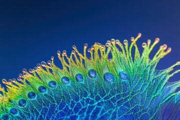 Poster - Close up of a vibrant peacock feather adorned with dew drops showcasing intricate details and colors. Generative AI