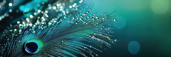 Poster - Close up view of a vibrant peacock feather with delicate dew drops against a blurred background. Generative AI