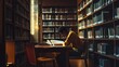 © ArpPSIqee - A student studying in a quiet library. Featuring books and a wooden desk