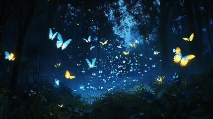 Wall Mural - A swarm of glowing, bioluminescent butterflies fluttering through a dense, dark forest, lighting the way like living lanterns. 