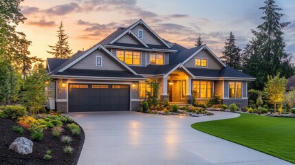 Aufkleber - Luxury mansion exterior during sunset with well maintained landscaping and warm lighting showcasing elegance and charm. Generative AI