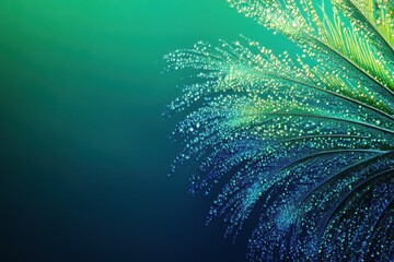 Poster - Close up view of a peacock feather adorned with dew drops showcasing natural beauty and vibrant colors. Generative AI