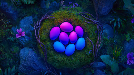 Wall Mural - A vibrant cluster of colorful eggs resting on a lush mossy bed surrounded by rocks, flowers, and a magical atmosphere.