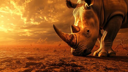 Poster - Close up of a rhino in a barren savanna at sunset with space for text and mock up. Generative AI