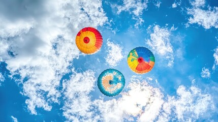 Wall Mural - three vibrant hot air balloons ascend against a bright blue sky dotted with fluffy white clouds.
