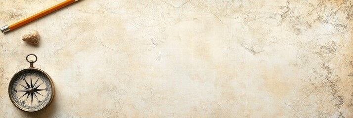 Poster - Vintage map with compass and pencil on textured background providing space for travel related text or notes. Generative AI