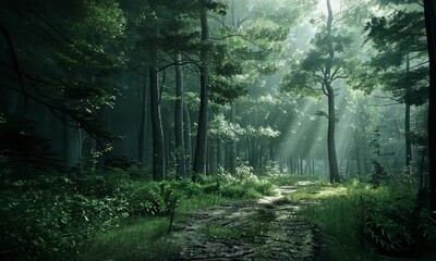 Wall Mural - misty forest trail with sunlight filtering through trees