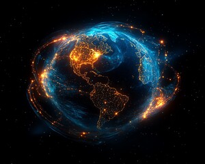 Poster - An abstract concept of global connectivity, with glowing data points and cyber technology pathways enveloping the Earth, symbolizing data transfer in the digital age